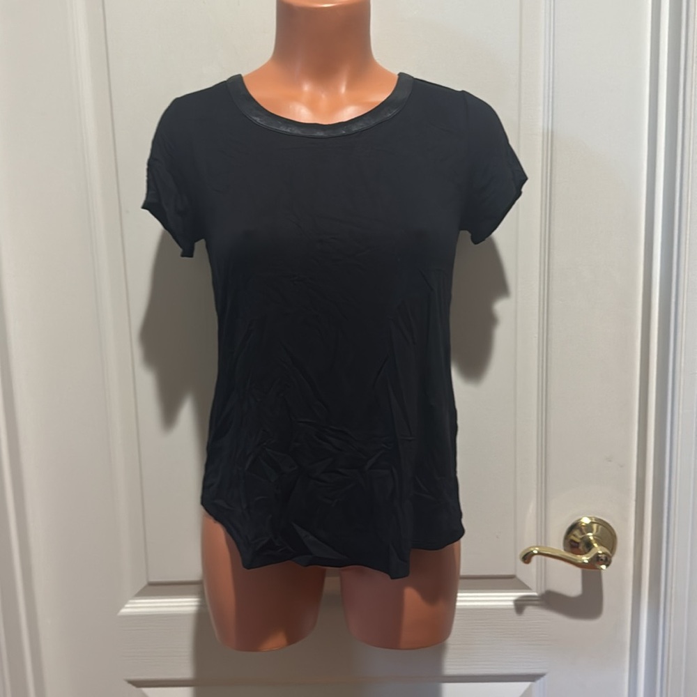 ALFANI Satin-Trim High-Low T-Shirt PS SP Petite Small Black $35 NWT